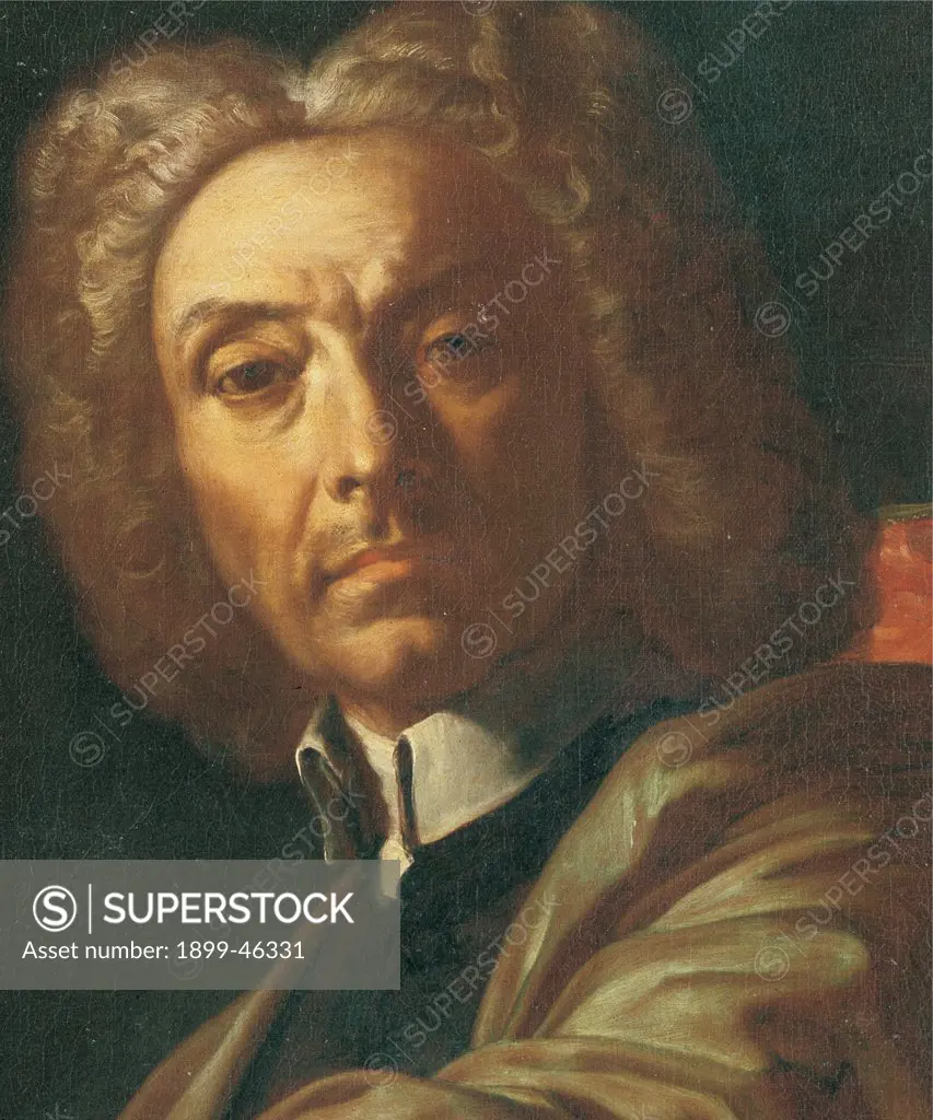 Self-portrait, by Solimena Francesco known as Abate Ciccio, 1730 - 1731, 18th Century, oil on canvas. Italy: Tuscany: Florence: Uffizi Gallery: inv. 1758. Detail. Face of the painter with a white wig. The light from the left side strikes his thin face, his large forehead is crossed by vertical wrinkles between the eyebrows. He wears a dark dress/cloth with a white collar, and underneath it a green coat/mantel (the color is an attribute of Art).