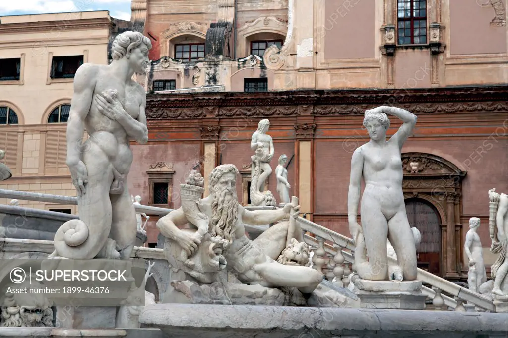 Palermo, Pretoria Fountain, by Camilliani Francesco, 1555, 16th Century, . Italy: Sicily: Palermo: Pretoria Fountain. Detail. Pretoria Fountain pagan divinities muses lion cornucopia shells stag old man beard