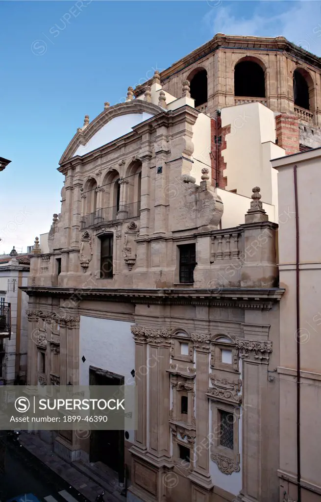Palermo, Church of the Santissimo Salvatore, by Amato Paolo, 1682, 17th Century, . Italy. Sicily. Palermo. Santissimo Salvatore church. Via del Cassaro W of corso V Emanuele. View facade Church of the Santissimo Salvatore Palermo pilaster-strips pinnacles/spires cornice