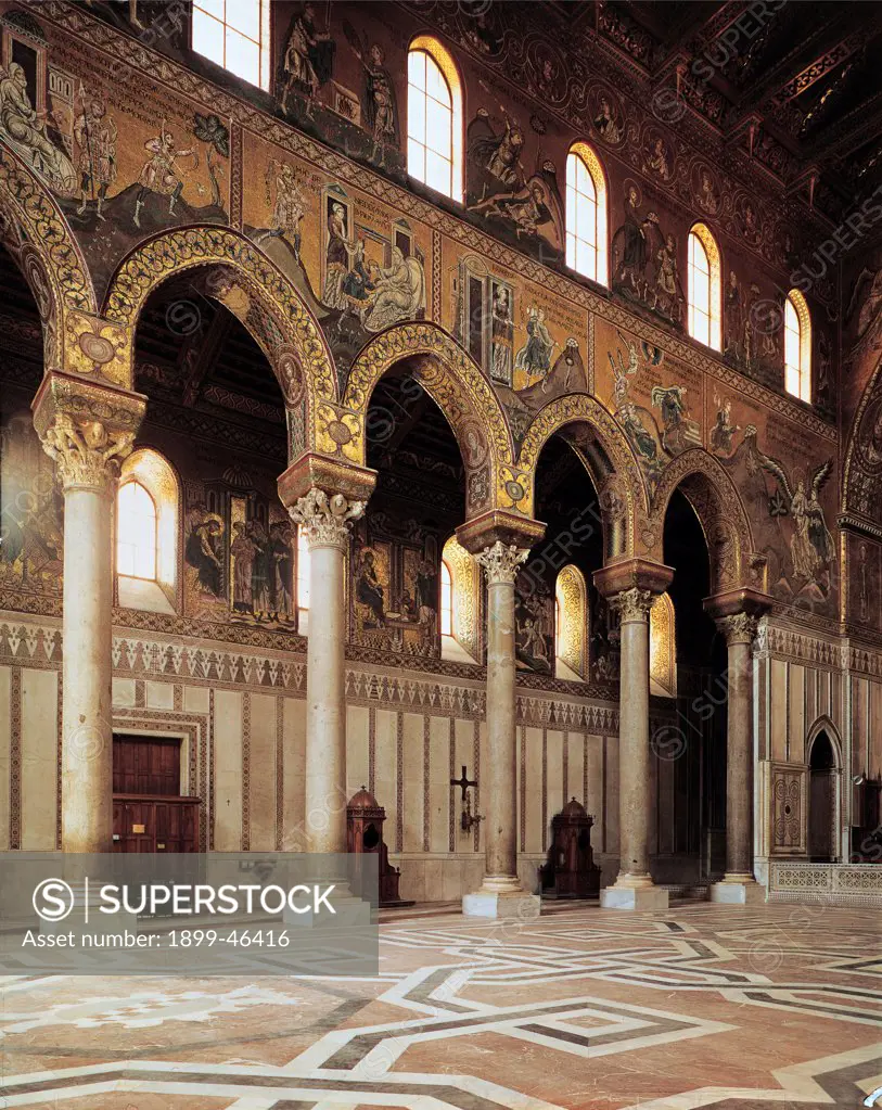 Monreale, Cathedral, by Unknown artist, 1172 - 1183, 12th Century, . Italy: Sicily: Palermo: Monreale: Santa Maria Nuova Cathedral. View cathedral church arches side-aisle mosaic arches columns floor capitals marble gold windows