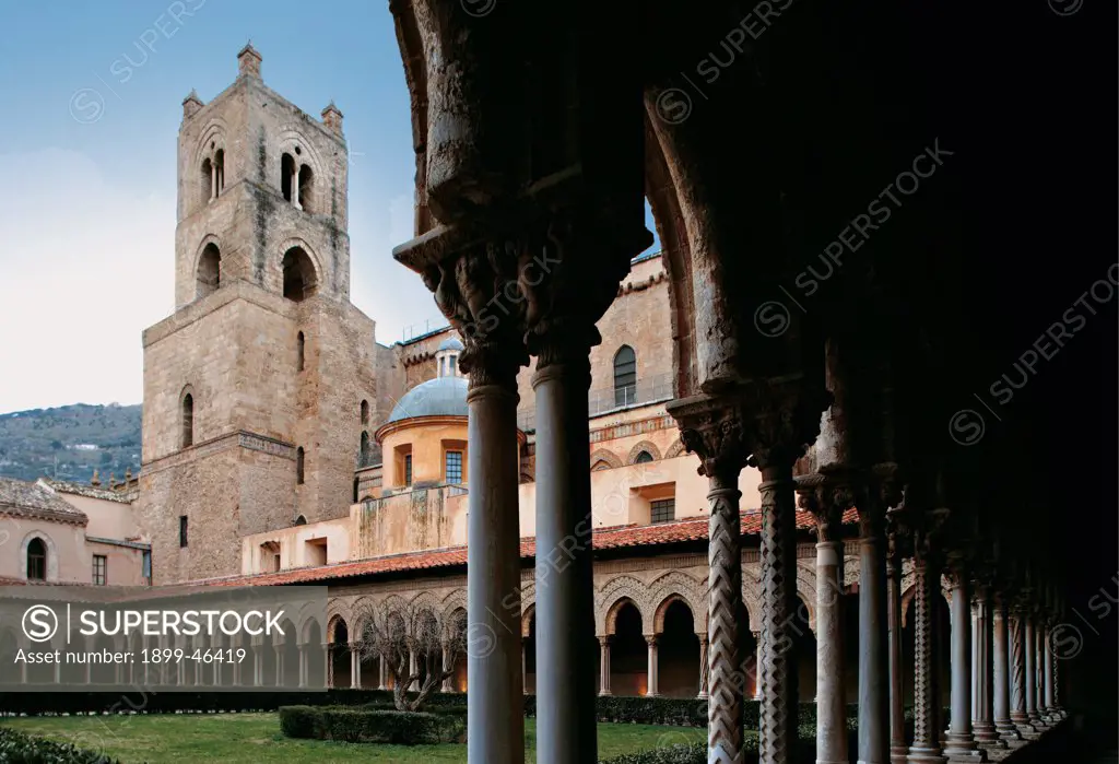 Monreale, Cathedral, by Unknown artist, 1172 - 1183, 12th Century, . Italy: Sicily: Palermo: Monreale: Santa Maria Nuova Cathedral. Detail. Exterior cloister arches tower pointed arch/ogive paired columns