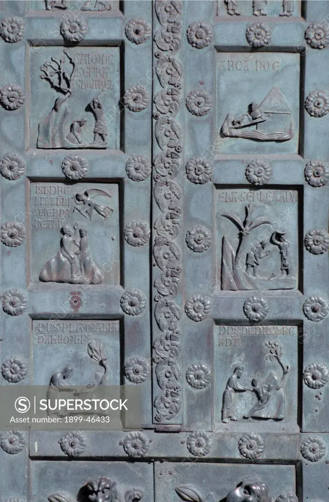 Door of the Monreale Cathedral, by Pisano Bonanno, 1185, 12th Century, Bronze. Italy: Sicily: Palermo: Santa Maria Nuova Church. Detail. Panel creation God Adam tree