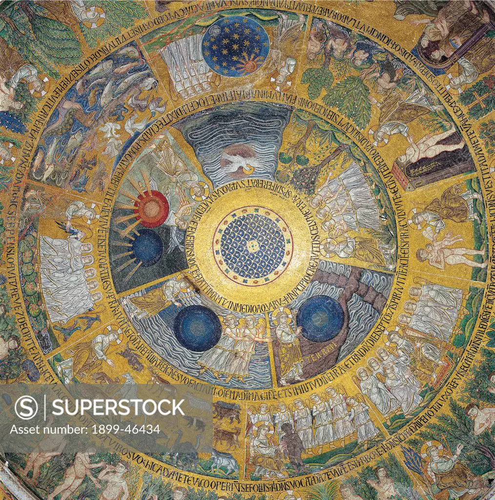Cupola of the Creation or Genesis, by Unknown artist, 13th Century, mosaic. Italy: Veneto: Venice: San Marco Basilica: nartece occidentale. Whole artwork. Decoration cupola/dome golden background trapezoid sections of a circle concentric sequences starry central medallion Stories of the Genesis pendentives angels Seraphim Cherubim