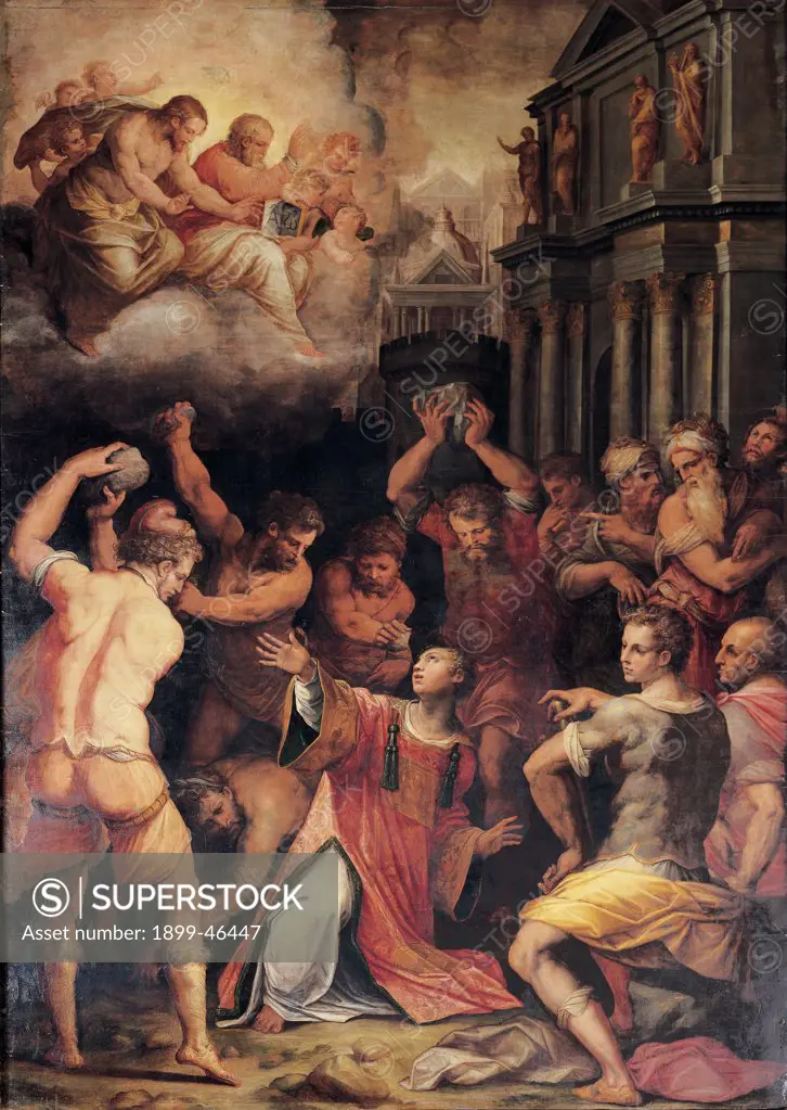 The Lapidation of St Stephen, by Vasari Giorgio, 1573, 16th Century, panel. Italy: Tuscany: Pisa: Santo Stefano dei Cavalieri church. Whole artwork. Martyrdom saint Acts of the Apostles St Stephen executioners stones bystanders/onlookers men Paul of Tarsus Saulos armor/cuirass cloud Jesus Christ, God the Father facade church columns statues entablature tympanum red yellow pink brown