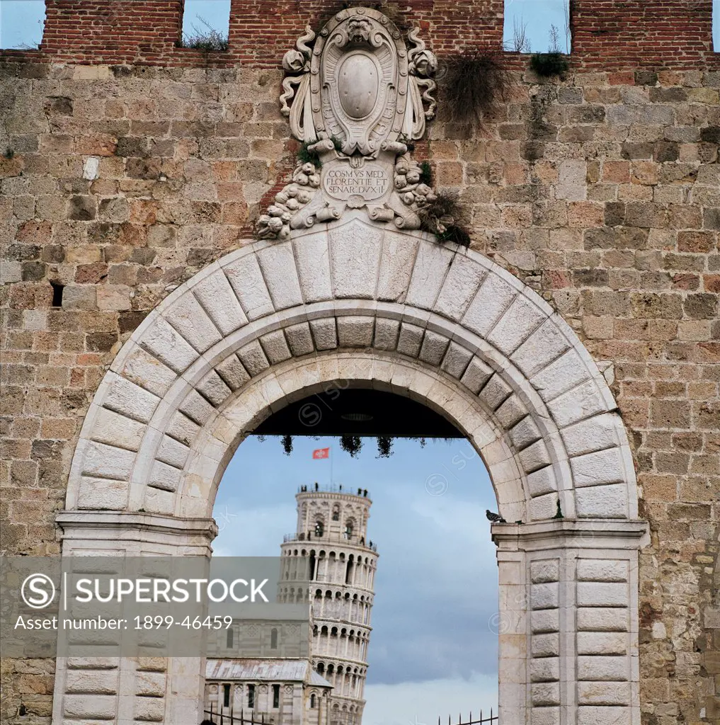 Porta Nuova, Pisa, by Unknown artist, 1562, 16th Century, . Italy: Tuscany: Pisa: Porta Nuova. Detail. City walls/defensive walls merlons/crenellations/battlement New Gate arch cornice tapering quoins crest/coat of arms de' Medici family