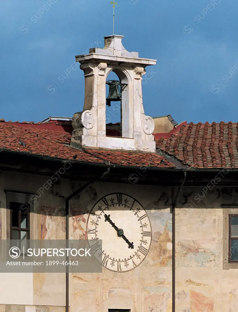 Clock-tower in Pisa, by Vasari Giorgio, 1608 - 1696, 17th Century, . Italy: Tuscany: Pisa: Palazzo dell'Orologio. Exterior Palazzo dell'Orologio city Pisa facade arch windows gable roof tower clock