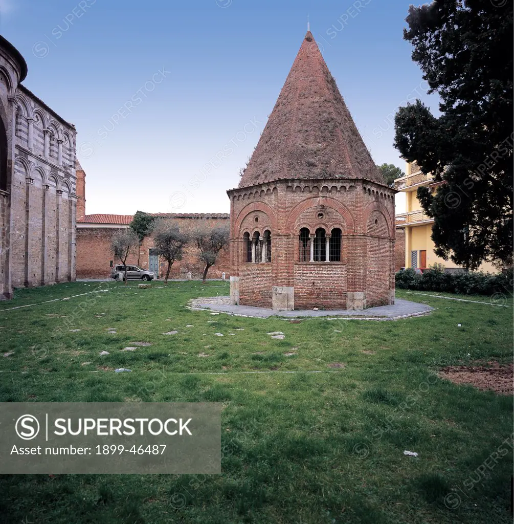 Chapel of Sant'Agata, Pisa, by Unknown artist, 12th Century, unfaced brick. Italy: Tuscany: Pisa: Sant'Agata Chapel. Whole artwork. Exterior chapel octagonal central plan red brick corner pilaster-strips blind arcading window three-light window cornice small hanging arches pyramidal roof/gable roof