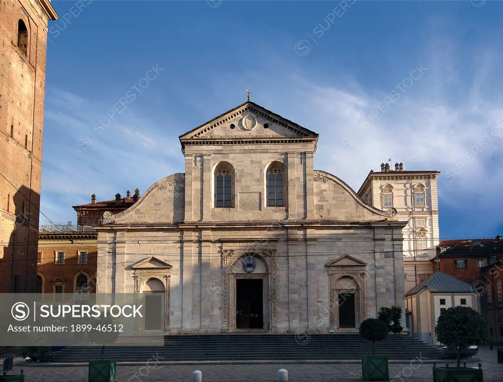Cathedral of San Giovanni Battista, Turin, by Meo del Caprino, 1491 - 1498, 15th Century, . Italy: Piemonte: Turin: San Giovanni Battista Cathedral. Whole artwork. Facade cornice frieze pilaster-strips/antas doorways Renaissance Classicism inscription donor