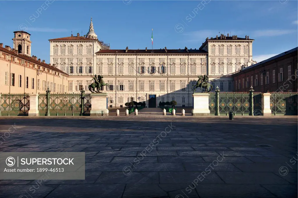 Royal Palace of Turin, exterior view, by Carlo di Castellamonte, Amedeo di Castellamonte, 1646, 17th Century, . Italy: Piemonte: Turin: Royal Palace: piazza Castello. Whole artwork. Facade windows tympanums/gables pediments railing bronze Dioscuri twins Castor Pollux second floor bell-tower cathedral dome Holy Shroud