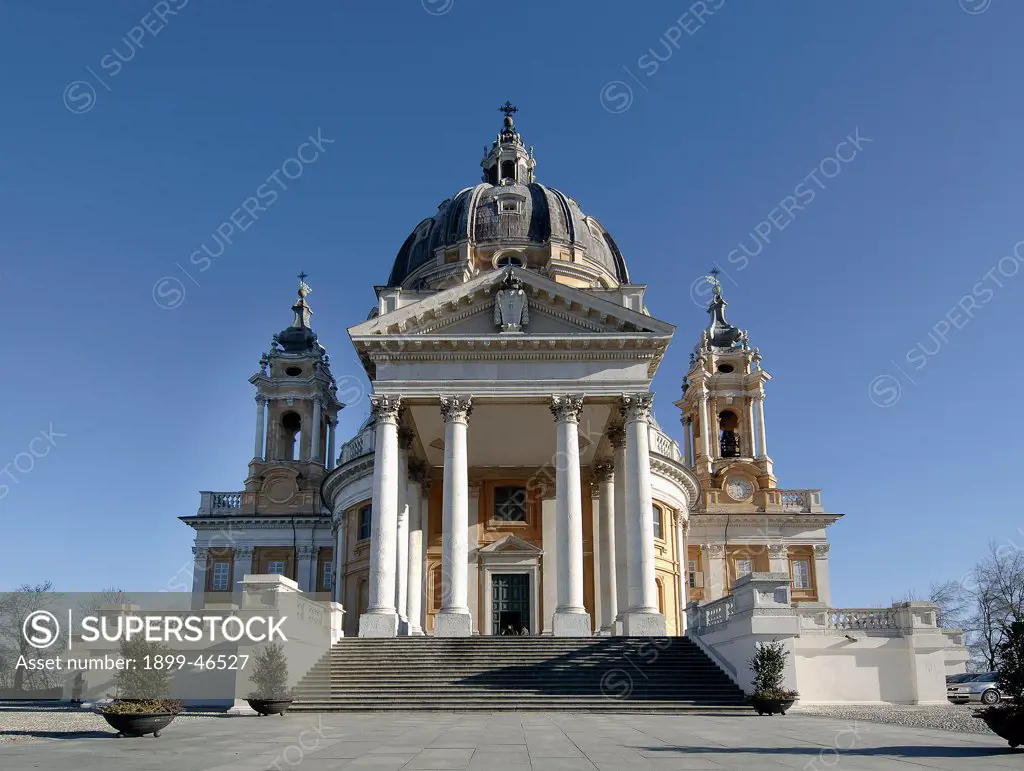 Basilica of the Superga, Turin, by Juvarra (Juvara) Filippo, 1711 - 1718, 18th Century, . Italy: Piemonte: Turin: Superga basilica. Front view Basilica central plan top of dome tetrastyle pronaos Corinthian columns bell-towers pediment Savoy coat of arms influence Pantheon imitation of Borromini bell-towers front steps