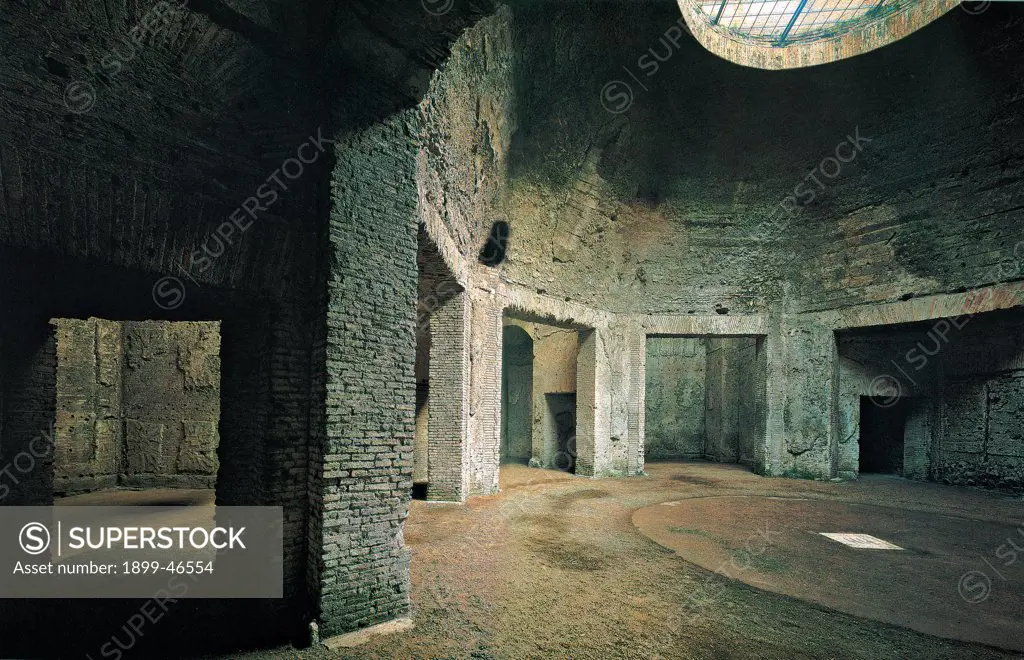 Domus Aurea, Rome, by Unknown artist, 64,1st Century, unfaced brick. Italy: Lazio: Rome: Domus Aurea. Internal view octagonal room that represented centre of complex of east wing of Domus set on architrave pillars light oculus shadows
