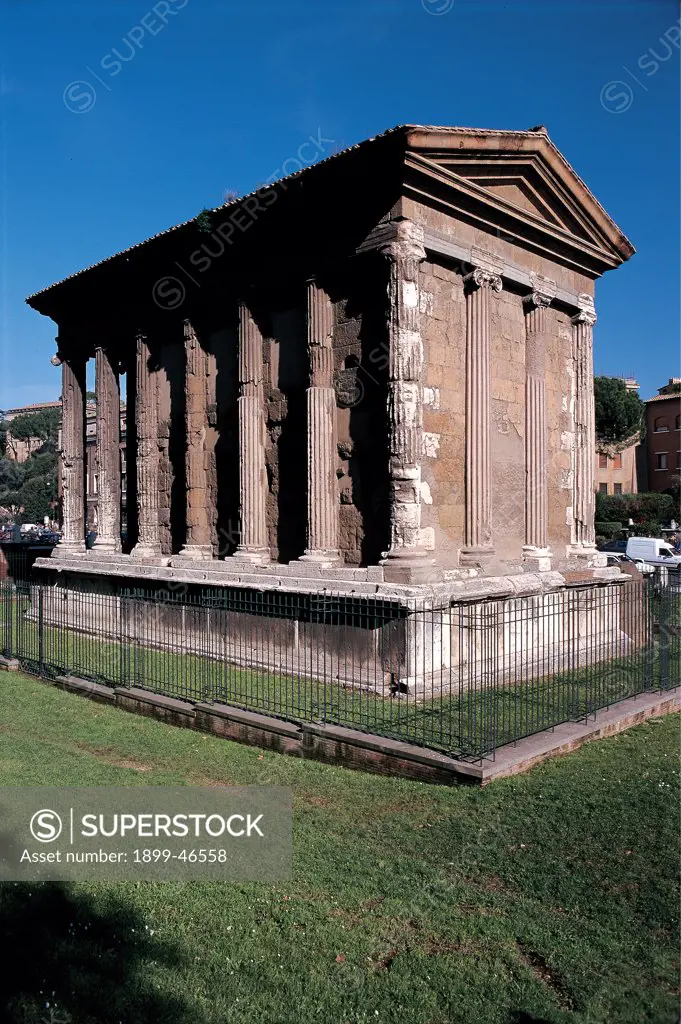 Temple of Fortuna Virilis (or Temple of Portunus) in Rome, by Unknown artist, 2nd Century, marble. Italy: Lazio: Rome: Foro Boario. View of the Temple of Fortuna Virile Portunus Ancient Roman god rectangular plan columns base tympanum pilaster strips Ionic capital