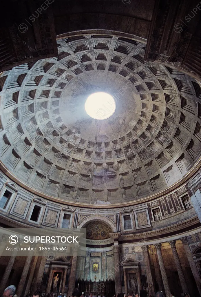 The Pantheon in Rome, by Roman architecture, 118 - 125, 2nd Century, brick, granites and marble. Italy: Lazio: Rome: Piazza della Rotonda. Pantheon, interior, view of dome
