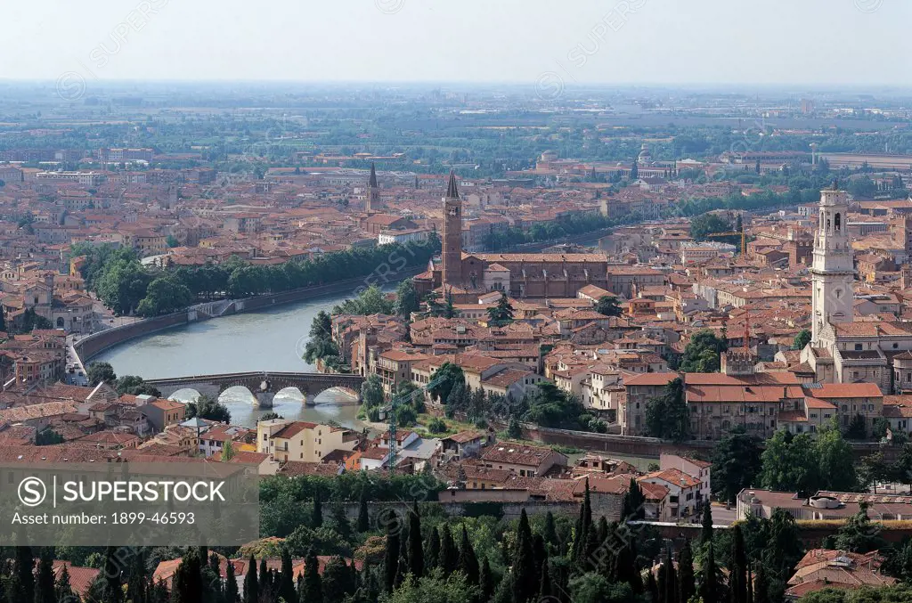View of the city of Verona, by Unknown artist, 20th Century, . Italy: Veneto: Verona. View city Verona river