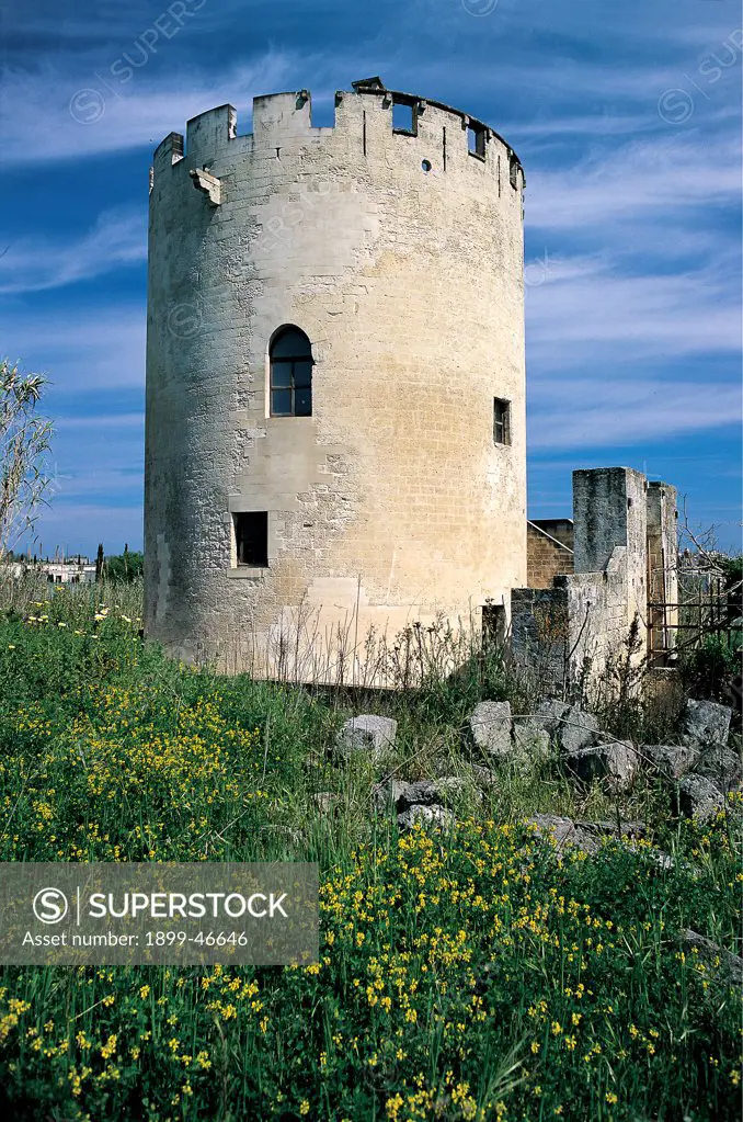 Torre di Belloluogo near Lecce, by Unknown artist, 14th Century, . Italy: Puglia: Lecce: Lecce: Torre di Belloluogo. Whole artwork. Exterior Belloluogo Tower Lecce round donjon large tower battlement/crenellations merlons fortifications windows