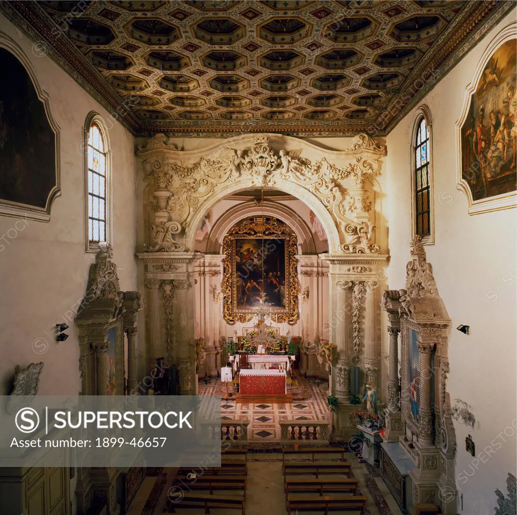 San Benedetto Church, by Unknown artist, 16th Century, . Italy: Sicily: Syracuse: Syracuse: San Benedetto Church. Detail. Interior. Nave wooden coffered ceiling stuccoes shrines/aediculae spiral columns balustrades altar altarpiece cornice paintings