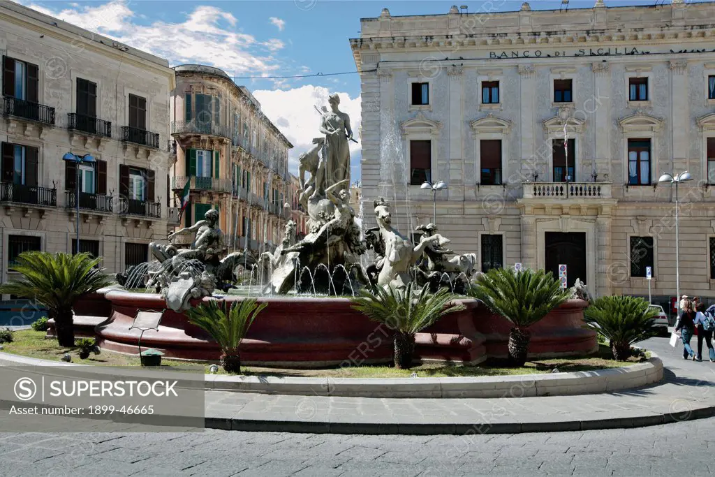 Piazza Archimede, by Unknown artist, 1872 - 1878, 19th Century, . Italy: Sicily: Syracuse: Syracuse: Piazza Archimede. View. Archimede Square Syracuse fountain buildings facades Diana horses