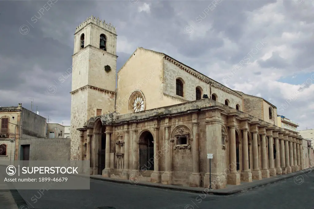 Santa Lucia extra moenia, by Unknown artist, 6th Century, . Italy: Sicily: Syracuse: Syracuse: Santa Lucia extra moenia. Foreshortened view. View church bell-tower facade rose-window porch/portico pillars side pilasters columns