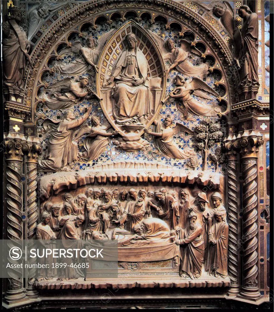Death and Assumption of the Virgin, by Andrea di Cione known as Orcagna, 1359, 14th Century, marble. Italy: Tuscany: Florence: Orsanmichele Church. Whole artwork. Death and Assumption of the Virgin Mary detail of tabernacle