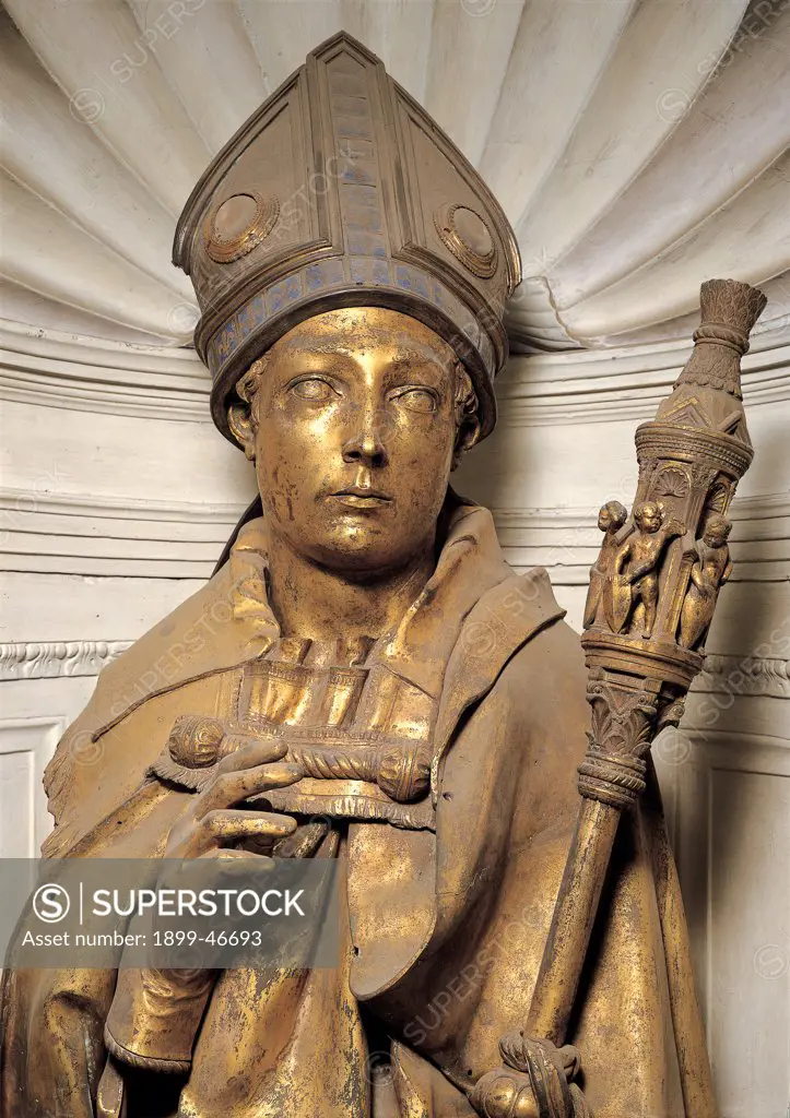 St Louis of Toulouse, by Donato di Niccolo di Betto Bardi known as Donatello, 1420, . Italy: Tuscany: Florence: Santa Croce Opera Museum. Detail. Tabernacle of Guelph Side Niche Saint Mitre Scepter Bishop pastoral stick mantle/cloak gold