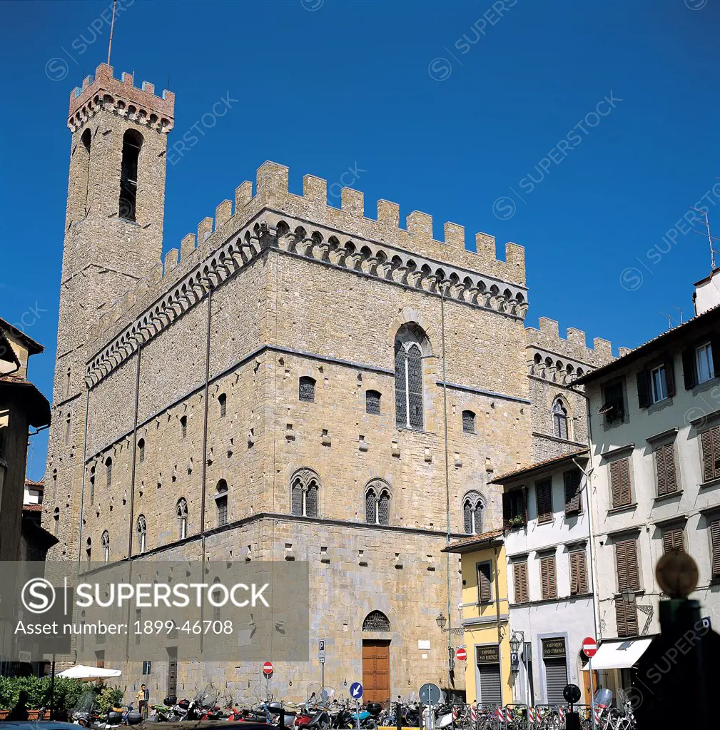 The Bargello in Florence, by Unknown artist, 1255 - 1261, 13th Century, . Italy: Tuscany: Florence: Palazzo del Bargello. View exterior Palazzo Bargello Florence tower crenellations two-light windows/two mullion
