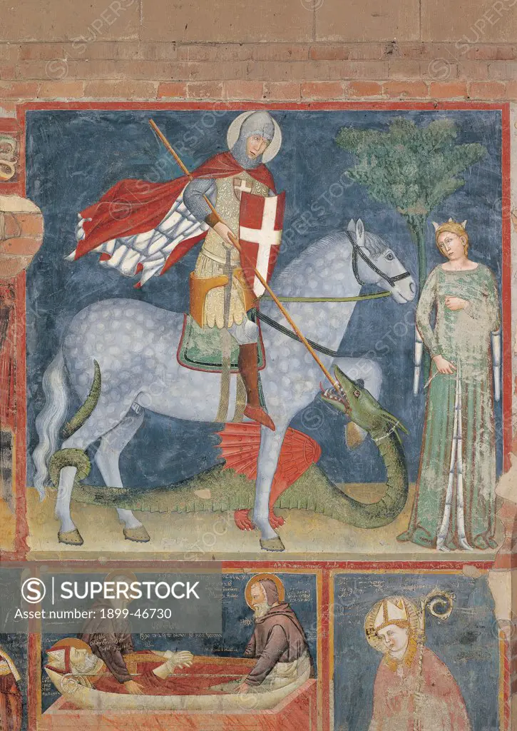 St George and the Princess, by Master of the Last Judgment, 14th Century, fresco. Italy: Veneto: Verona: San Zeno in Oratorio Church. St George and the Princess horse mantle/cloak red lance/spear shield crown garment/dress green tree
