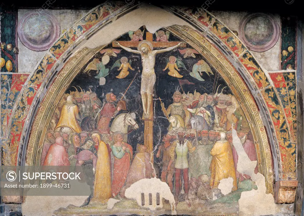 The Crucifixion, by Turone, 14th Century, fresco. Italy: Veneto: Verona: San Fermo Maggiore Church. Whole artwork. The Crucifixion scene painted on the inner wall of the facade horse soldiers yellow mantle/cloak lance/spear helmet armor angels