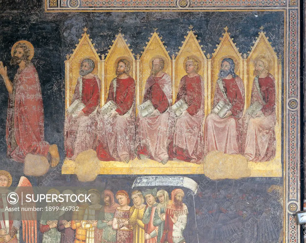 The Last Judgment, by Turone, 1360, 14th Century, fresco. Italy: Veneto: Verona: Sant'Anastasia church: chancel area. Detail. The Last Judgment/Doomsday groups blessed souls demons damned/lost souls blue