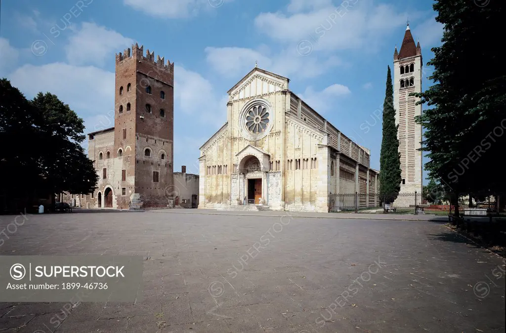 Basilica of San Zeno Maggiore, by Unknown artist, Unknow, . Italy: Veneto: Verona: San Zeno Maggiore basilica. Whole artwork. View square bell-tower facade San Zeno Maggiore Basilica