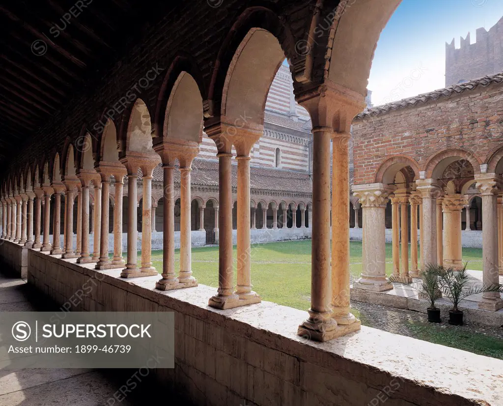 Cloister of San Zeno Maggiore, by Unknown artist, Unknow, . Italy: Veneto: Verona: San Zeno Maggiore basilica. View cloister columns convent couples small marble columns arch San Zeno Maggiore