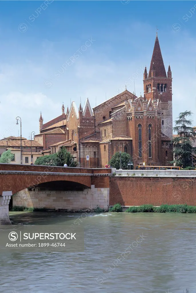 Church of San Fermo Maggiore, by Unknown artist, 1065 - 1143,, polychrome marble, tufa and terracotta. Italy: Veneto: Verona: San Fermo Maggiore Church. View of San Fermo Maggiore church in Verona bridge river apse bell-tower wall covering