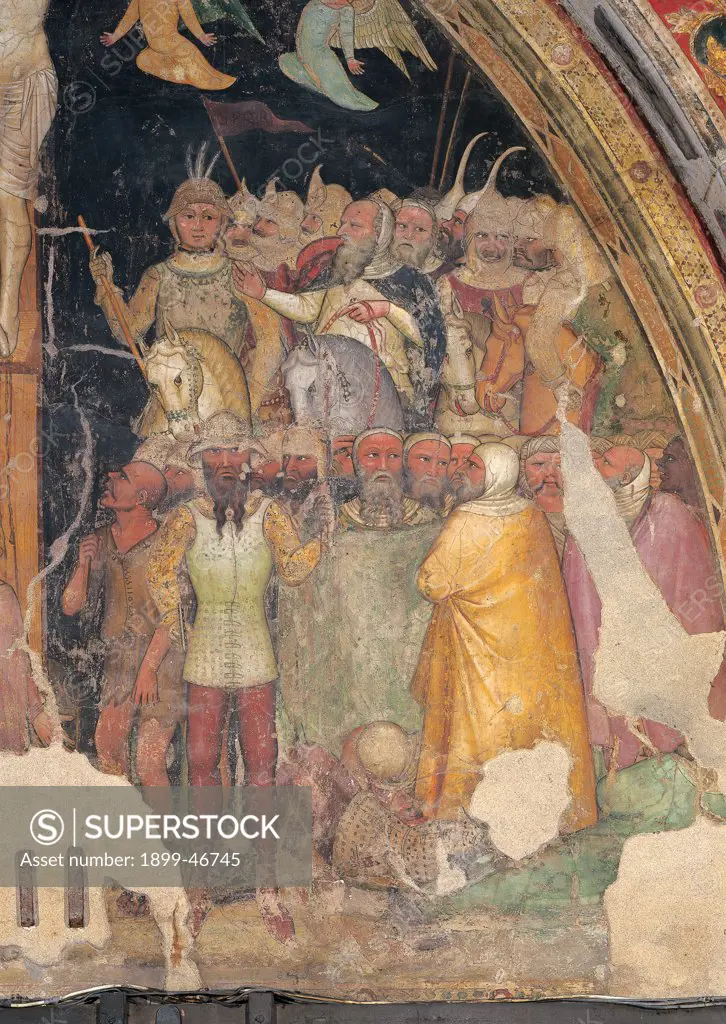 The Crucifixion, by Turone, 14th Century, fresco. Italy: Veneto: Verona: San Fermo Maggiore Church. Detail of the Crucifixion scene painted on the inner wall of the facade horse soldiers yellow mantle/cloak lance/spear helmet armor