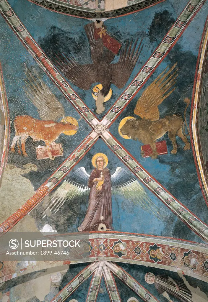 Symbols of the Evangelists, by Master of the Redeemer, 14th Century, fresco. Italy: Veneto: Verona: San Fermo Maggiore Church. Whole artwork. Symbols of the Four Evangelists wings Angel Bull Eagle Lion St John St Mark St Lucas St Matthew