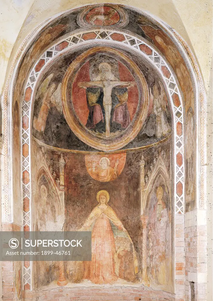 Our Lady of Mercy and Trinity, by Unknown artist, 15th Century, fresco. Italy: Veneto: Verona: San Giovanni in Fonte church: right apse. Whole artwork. Lady of Mercy and Trinity frame crucifix angels mandorla mantle/cloak believers