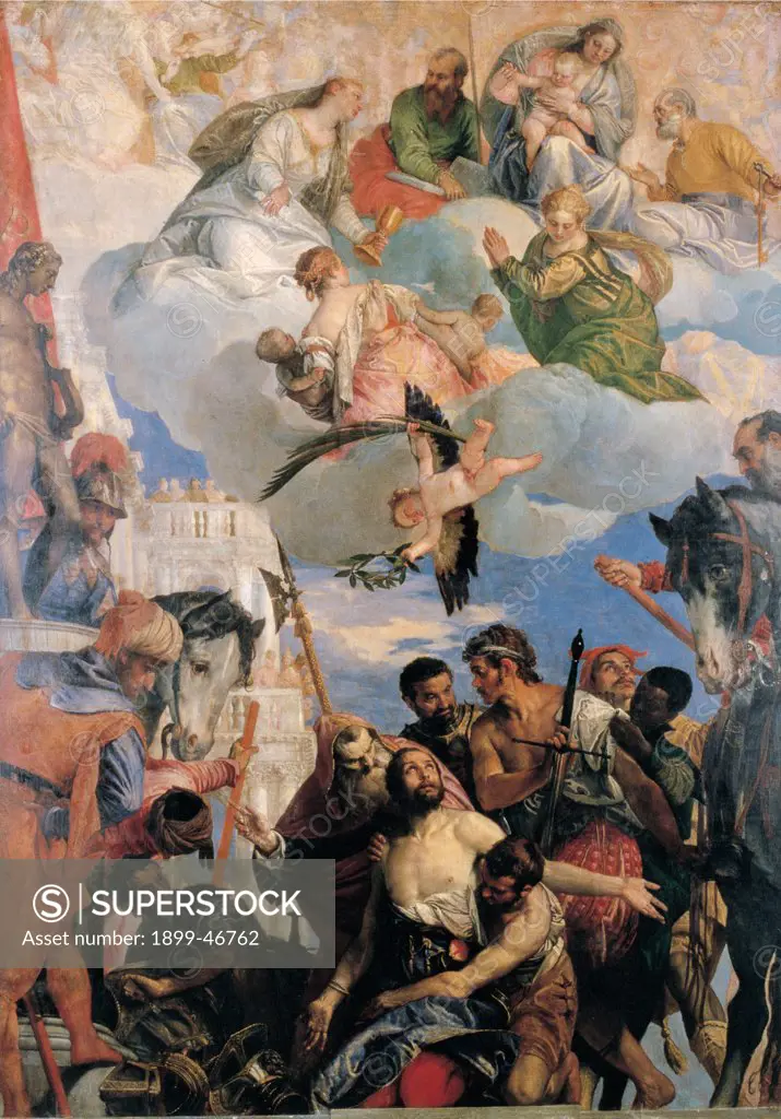 Martyrdom of St George, by Caliari Paolo know as Veronese, 1566, 16th Century, canvas. Italy: Veneto: Verona: San Giorgio in Braida Church. Whole artwork. Martyrdom saint St George clouds angels palm sword