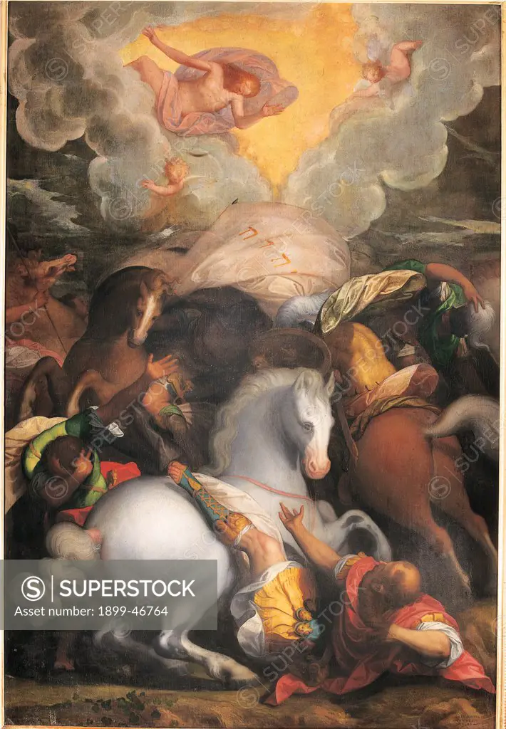 St Paul Falls from his Horse, by India Bernardino, 1584, 16th Century, canvas. Italy: Veneto: Verona: Santi Nazaro e Celso Church. Whole artwork. St Paul falls from his horse white clouds angels