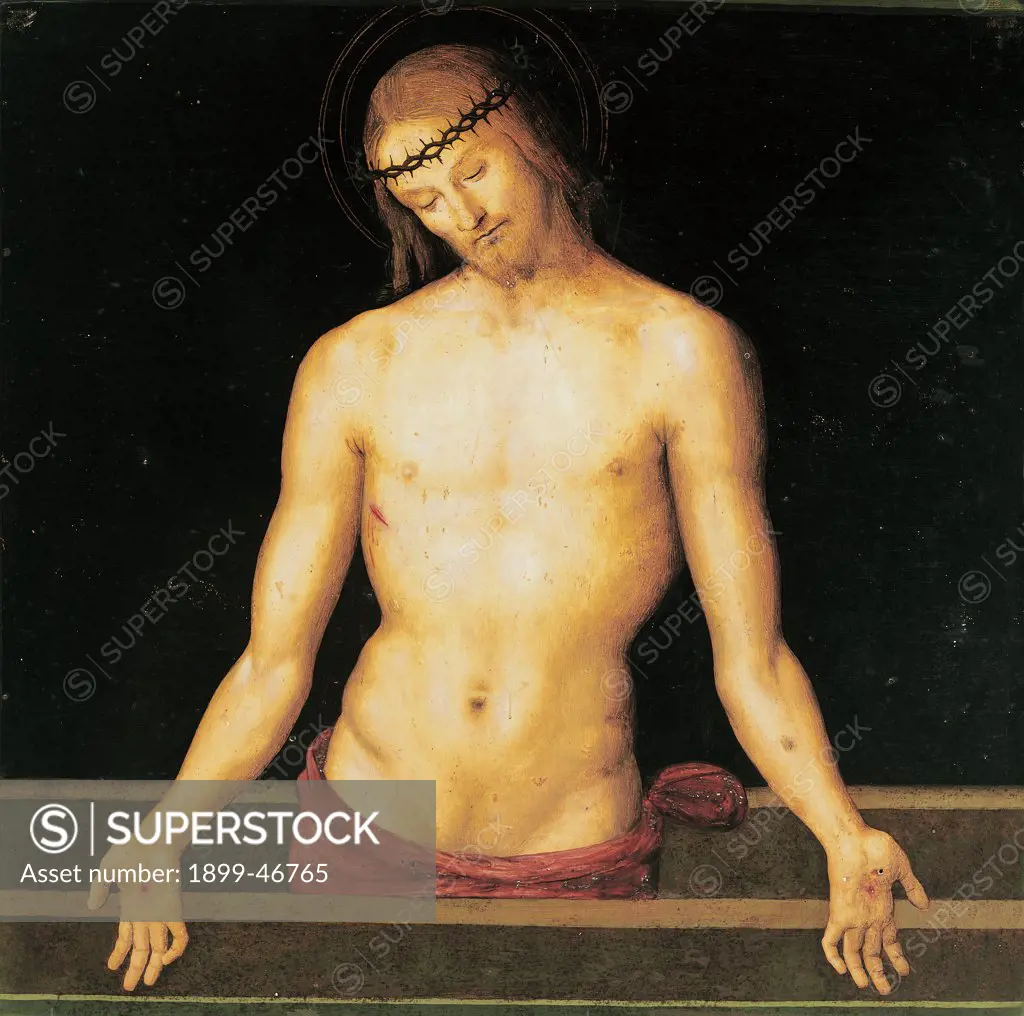 Jesus Christ on the Sarcophagus, by Vannucci Pietro known as Perugino, 1445 - 1523, 15th Century, panel. Italy: Umbria: Perugia: The National Gallery of Umbria. Whole artwork. Jesus Christ of the Sarcophagus torso/chest stigmata crown of thorns