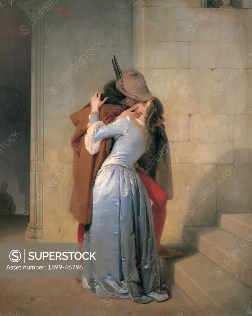 The Kiss, by Hayez Francesco, 1859, 19th Century, oil on canvas. Italy: Lombardy: Milan: Brera Art Gallery. Whole artwork. man feathered hat tights red mantle/cloak brown cloak/cape kiss woman light blue/azure dress/cloth light stairs shadows embrace/hug