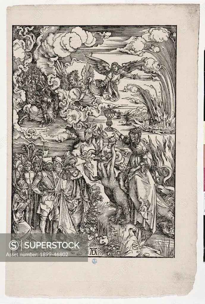 The Whore of Babylon, by Durer Albrecht, 1496 - 1497, 16th Century, woodcut. Italy: Tuscany: Florence: Uffizi Gallery: Cabinet of Drawings and Prints, inv. 4937 st.sc.. Whole artwork. The Prostitute/Harlot of Babylon clouds angel prostitute Apocalypse scarlet beast with seven heads and ten horns dress hairstyle/hairdo