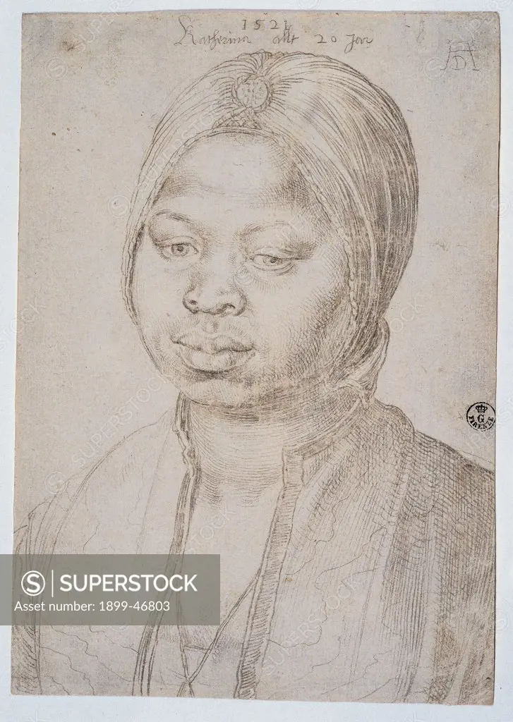 Portrait of Catherine the Mulatta, by Durer Albrecht, 1518, 16th Century, silverpoint on white paper treated on back with ivory white color. Italy: Tuscany: Florence: Uffizi Gallery: Cabinet of Drawings and Prints, inv. 1060 E. Whole artwork. Portrait La Mora Caterina (dark-haired Caterina) face blouse eyes nose mouth chin scarf/neckerchief headdress/headgear