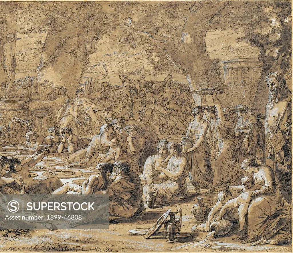 Bacchanal with Dante and Beatrice, by Giani Felice, 1791, 18th Century, pen, watercolored ink. Private collection. Whole artwork. Thicket/grove young women men statue Bacchus/ Dionysus drunk/inebriated Silenus vases/pots dishes/plates monochrome