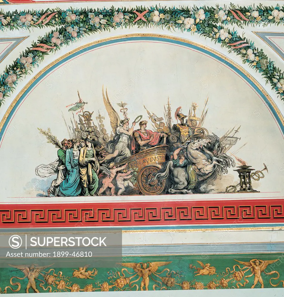 Decoration of the Room of the Triumphs at Palazzo Baciocchi in Bologna, by Giani Felice, 1822, 19th Century, tempera on wall (fresco). Italy: Emilia Romagna: Bologna: Palazzo Baciocchi. Vault lunette Triumph of Augustus red white and green flowers festoons fruit frame meanders