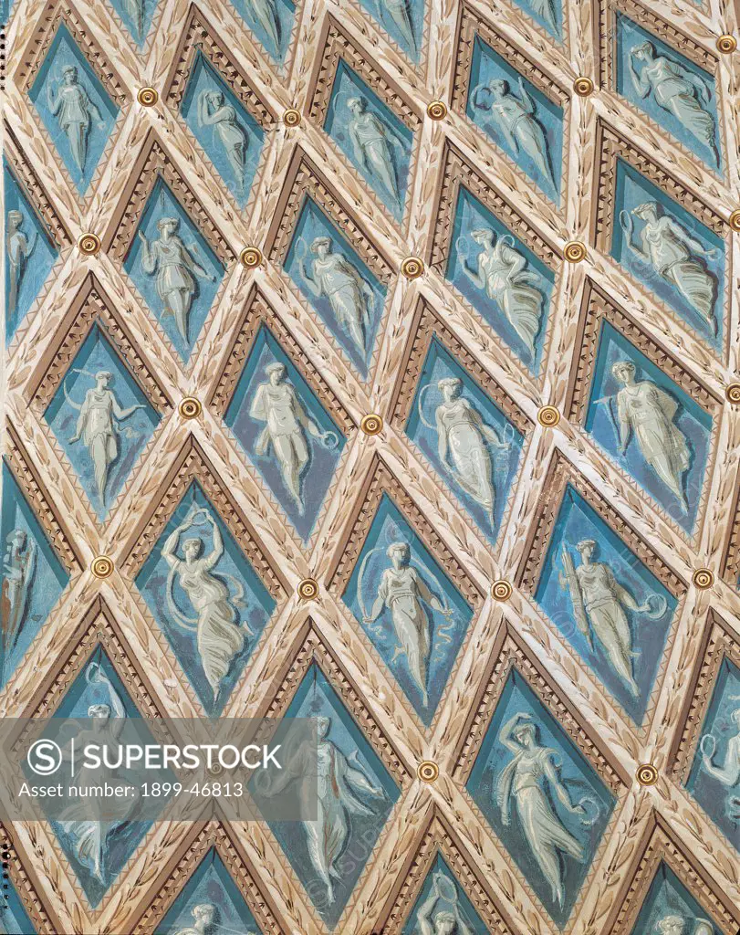 Decoration of apse of Room of Virginia in Palazzo Carotti, Jesi, by Giani Felice, 1796 - 1799, 18th Century, tempera on wall (fresco). Italy: Marche: Ancona: Jesi: Palazzo Carotti. Detail vault lacunar squares rhombs Victories triumphal crowns azure/light blue brown white