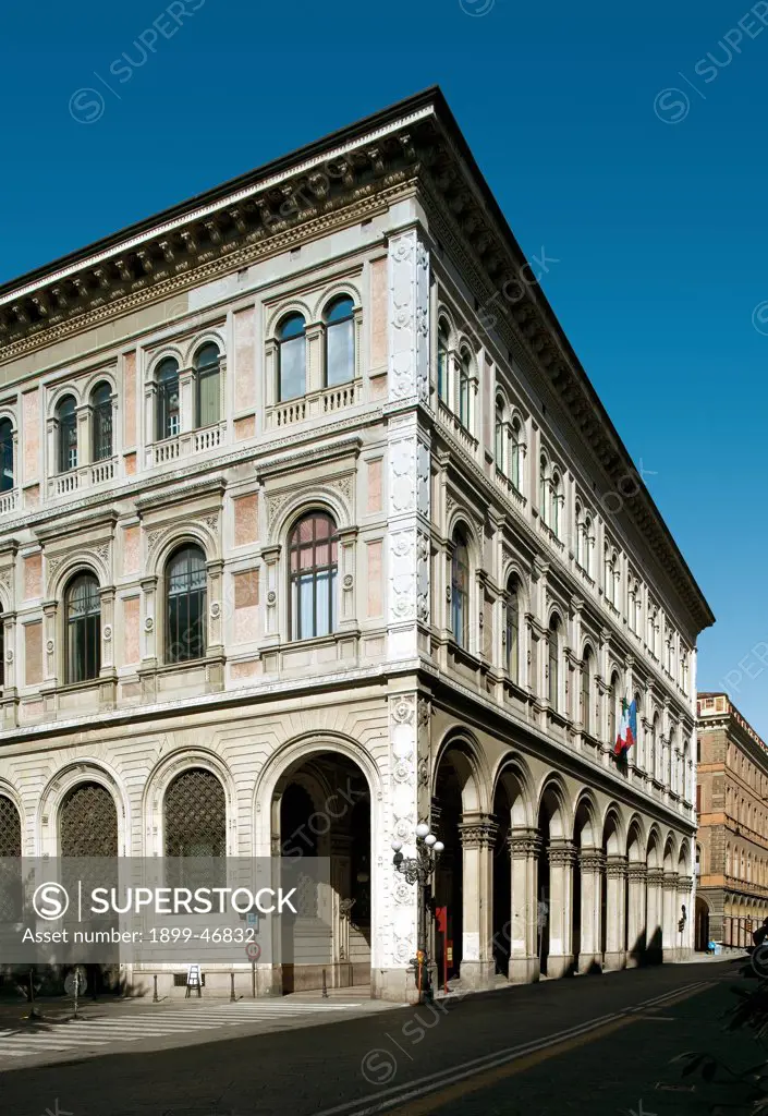 Palazzo of the Cassa di Risparmio, by Unknown artist, 19th Century, . Italy: Emilia Romagna: Bologna: Palazzo della Cassa di Risparmio: via Castiglioni. View foreshortened corner Palazzo della Cassa di Risparmio arches porticoes/porches ashlar-work/rustication cornice/eaves pilaster pilaster strip two orders/tiers windows first floor single-lancet windows second floor two-light windows/two mullion cornice/eaves frieze dentils