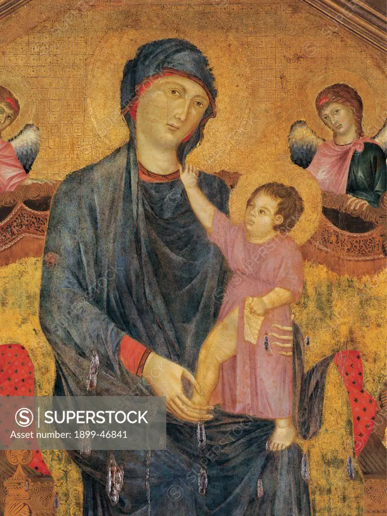 Madonna and Child Enthroned with Two Angels, by Cenni di Pepo known as Cimabue, 13th Century, panel. Italy: Emilia Romagna: Bologna: Santa Maria dei Servi church. Detail. Panel angels Madonna Virgin enthroned red blue gold Baby/Child Jesus aureole/halo red dress sign of regality he holds a scroll