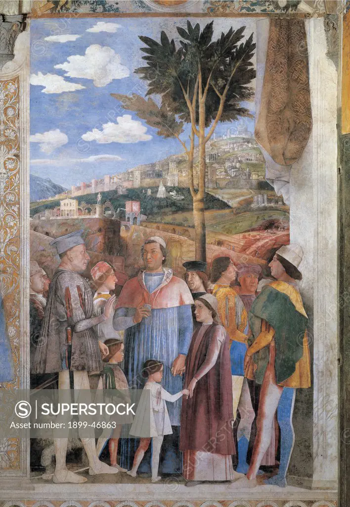 Decoration of the Camera degli Sposi (Camera Picta), by Mantegna Andrea, 1465 - 1474, 15th Century, fresco and dry tempera. Italy. Lombardy. Mantua. Ducal Palace. Western wall, right-hand episode/scene of Ludovico Gonzaga meets his sons Federico and Francesco. A landscape with a fortified city can be seen in the background