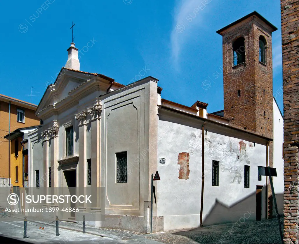 Church of Santi Simeone e Giuda, by Unknown artist, 1593, 15th Century, . Italy: Lombardy: Mantua: Santi Simeone e Giuda Church. Foreshortened view facade tympanum/gable pilaster-strips bell-tower