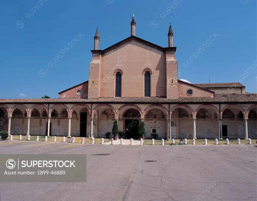 Sanctuary of Santa Maria delle Grazie at Curtatone (Mantua), by Unknown artist, 1399 - 1406, 14th Century, . Italy: Lombardy: Mantua: Curtatone: Santa Maria delle Grazie Sanctuary. Front view Sanctuary church of Santa Maria delle Grazie facade portico/porch columns ogive/pointed arch pinnacles