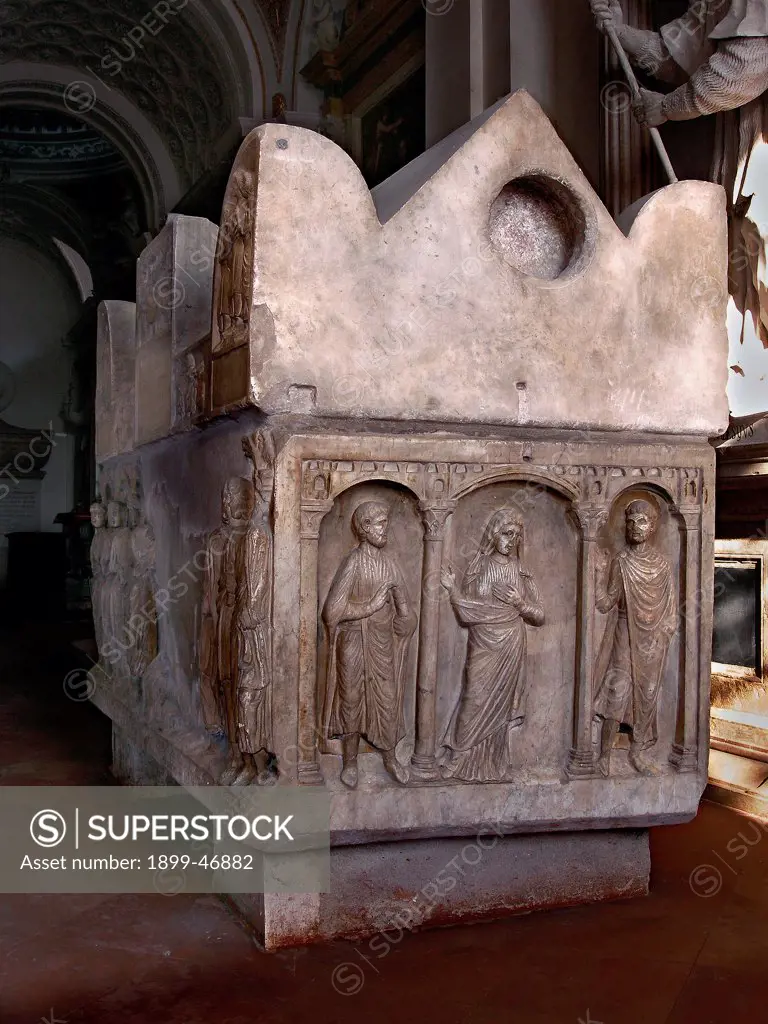 Early-Christian sarcophagus, by Unknown artist, 4th Century, . Italy: Lombardy: Mantua: San Pietro Cathedral. View sarcophagus relief decoration small columns arch figures
