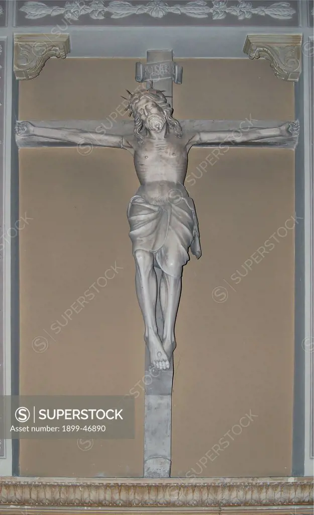 Crucifix, by attributed Jacopino da Tradate, 1450, 15th Century, . Italy: Lombardy: Mantua: San Leonardo church. Whole artwork. Christ crucifix